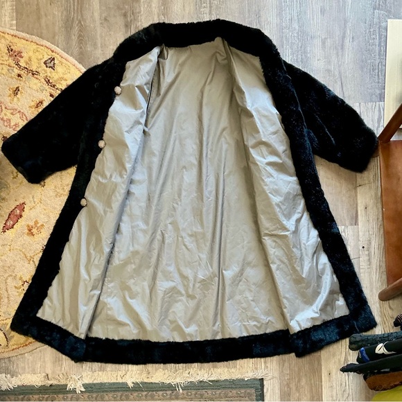 Vintage Marvin Richards Long Black Plush Faux Fur Overcoat Reversible Nylon Coat - Picture 9 of 9